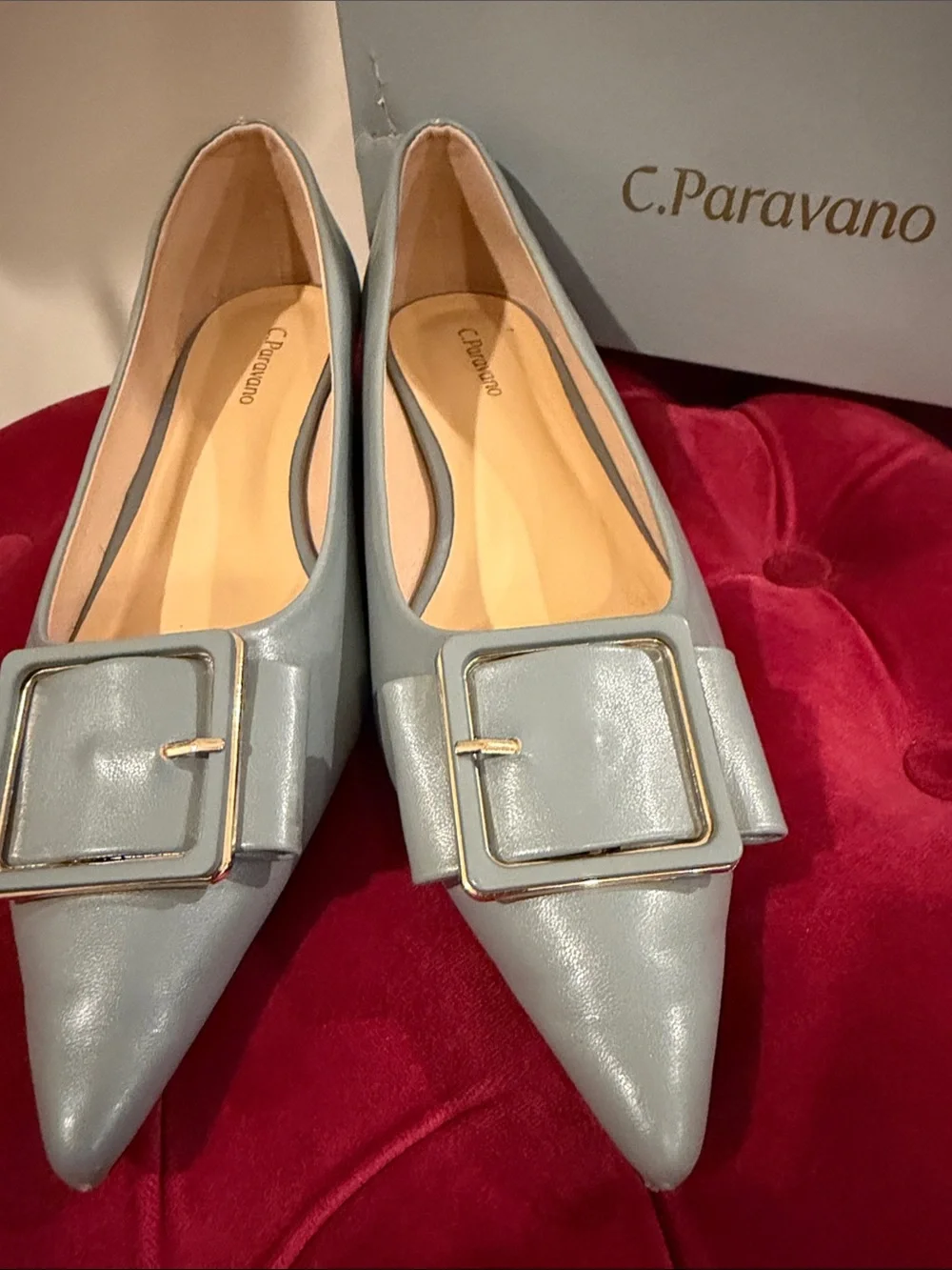 Light blue Gray Pointed Toe Buckle Flats